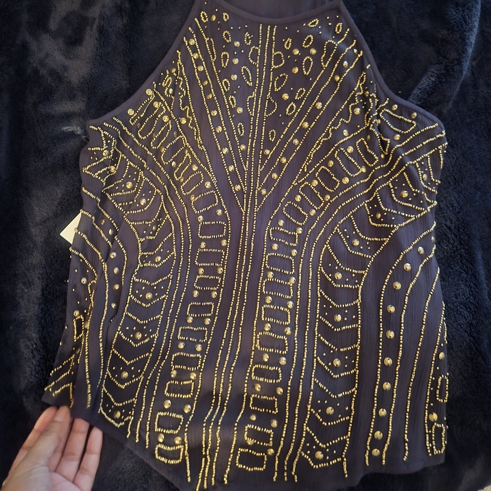 Idyllwind Black and Gold Beaded Tank Top